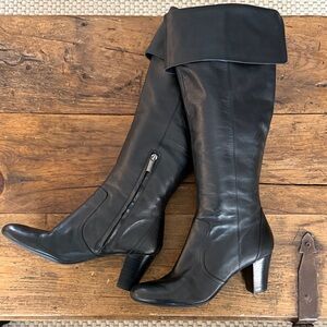 Bandalino Black Leather Tall Foldover Pull On Boots 3" Heel Size 8.5